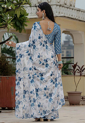 Pre-Stitched Chinon Silk Scalloped Saree in Off White