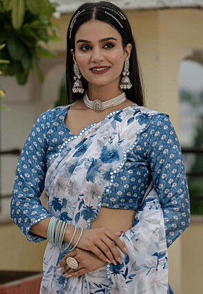 Pre-Stitched Chinon Silk Scalloped Saree in Off White