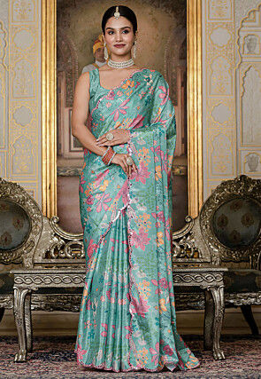 Pre-Stitched Chinon Silk Scalloped Saree in Sea Green