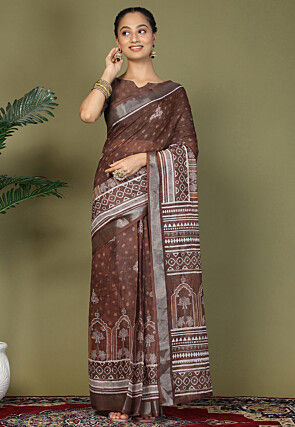 Pre-Stitched Cotton Saree in Brown