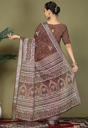 Pre-Stitched Cotton Saree in Brown
