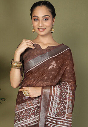 Pre-Stitched Cotton Saree in Brown