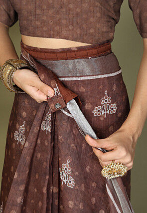 Pre-Stitched Cotton Saree in Brown
