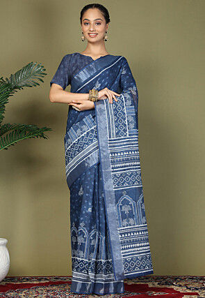Pre-Stitched Cotton Saree in Navy Blue