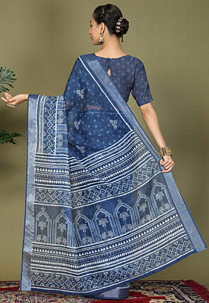 Pre-Stitched Cotton Saree in Navy Blue