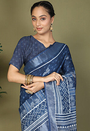 Pre-Stitched Cotton Saree in Navy Blue