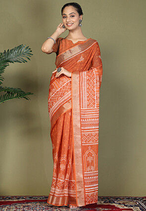 Pre-Stitched Cotton Saree in Orange