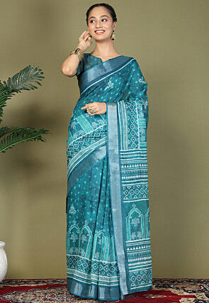Pre-Stitched Cotton Saree in Teal Blue
