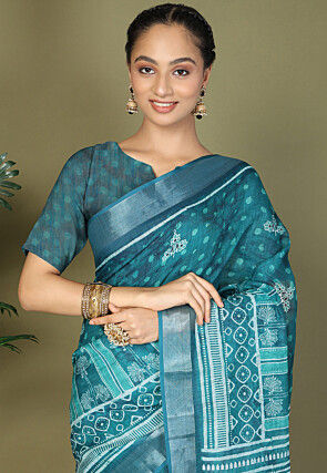Pre-Stitched Cotton Saree in Teal Blue