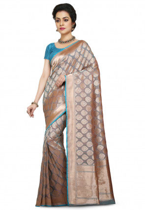 Banarasi Pure Handloom Silk Saree in Peach and Blue