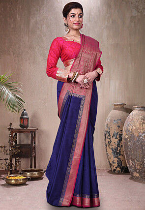 Pure Muga Silk Banarasi Saree in Navy Blue