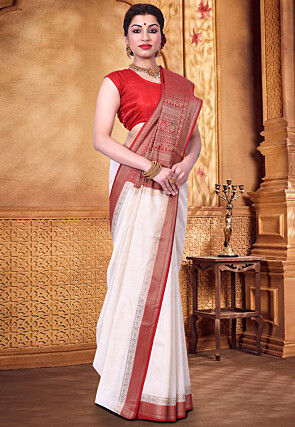 Pure Muga Silk Banarasi Saree in Off White