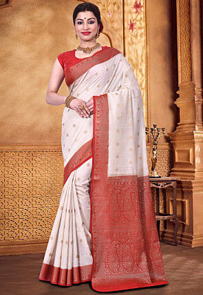 Pure Muga Silk Banarasi Saree in Off White