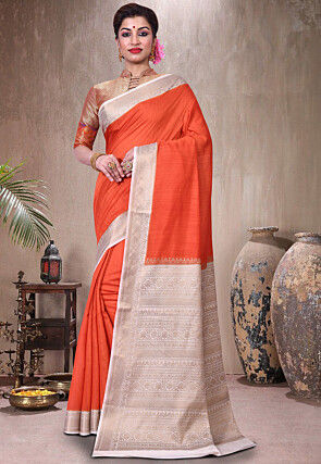Pure Muga Silk Banarasi Saree in Orange