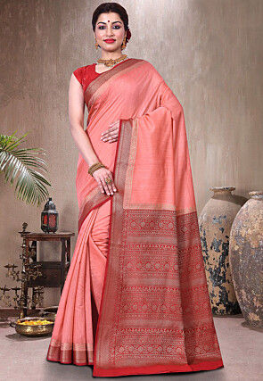Pure Muga Silk Banarasi Saree in Peach