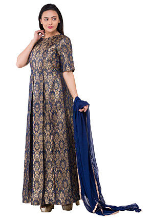 Pure Brocade Silk Abaya Style Suit in Navy Blue