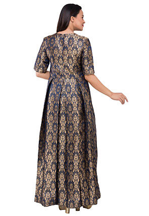 Pure Brocade Silk Abaya Style Suit in Navy Blue