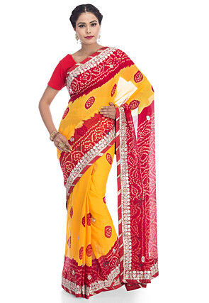 Pure Chinon Crepe Bandhani Saree in Yellow and Red