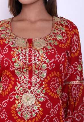 Pure Georgette Bandhej Straight Kurta Set in Red