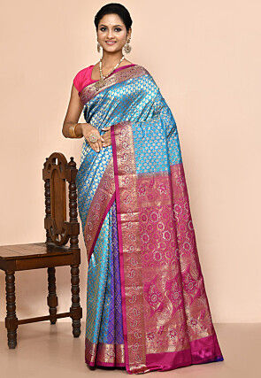 Pure Kanchipuram Silk Embellished Saree in Blue