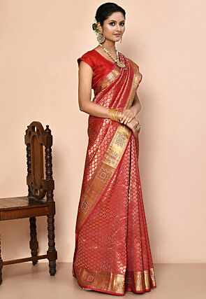 Kanchipuram Silk Embellished Saree in Coral Pink