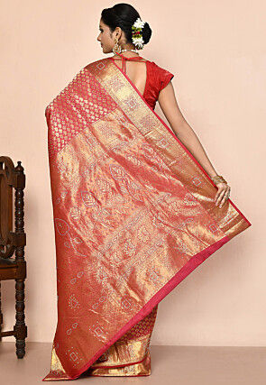 Kanchipuram Silk Embellished Saree in Coral Pink
