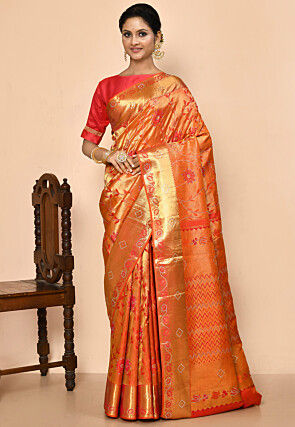 Pure Kanchipuram Silk Embellished Saree in Orange