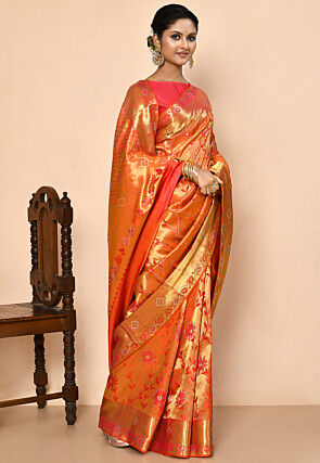 Pure Kanchipuram Silk Embellished Saree in Orange