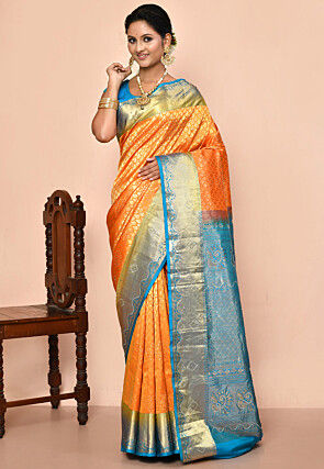 Pure Kanchipuram Silk Embellished Saree in Orange