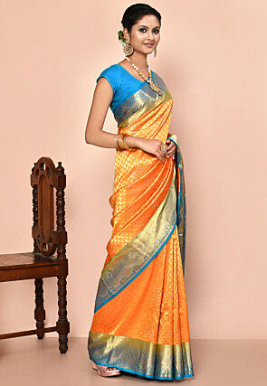 Pure Kanchipuram Silk Embellished Saree in Orange
