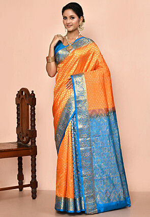 Pure Kanchipuram Silk Embellished Saree in Orange