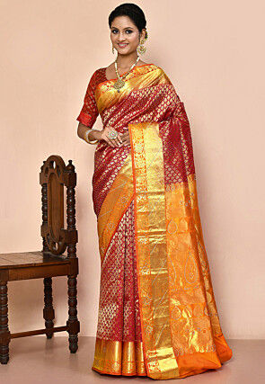 Pure Kanchipuram Silk Embellished Saree in Red