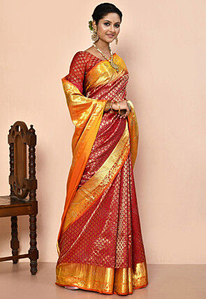 Pure Kanchipuram Silk Embellished Saree in Red