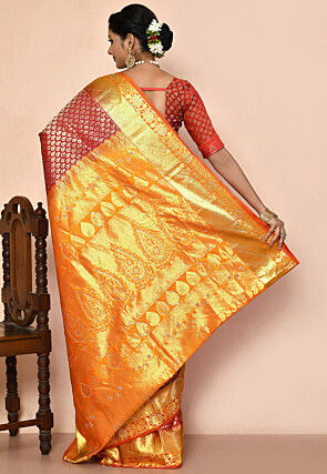 Pure Kanchipuram Silk Embellished Saree in Red