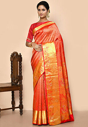 Pure Kanchipuram Silk Embellished Saree in Red