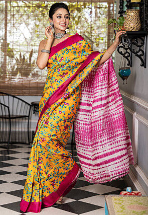 Beige Block Printed Pure Silk Mark Certified Murshidabad Silk Saree Ge –  Dailybuyys