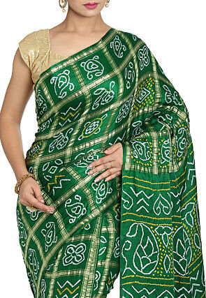 Pure Satin Silk Gharchola Saree in Green