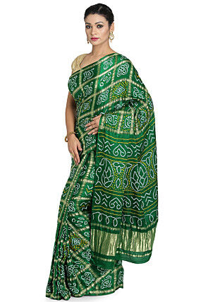 Pure Satin Silk Gharchola Saree in Green