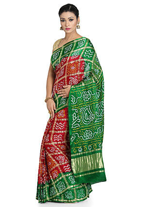 Pure Satin Silk Gharchola Saree in Maroon and Green