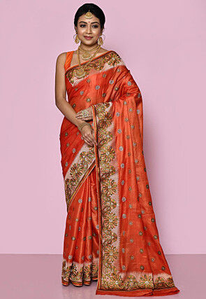 Pure Silk Embroidered Saree in Dark Orange