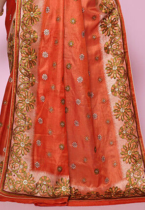 Pure Silk Embroidered Saree in Dark Orange