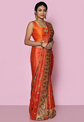Pure Silk Embroidered Saree in Dark Orange