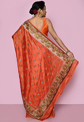Pure Silk Embroidered Saree in Dark Orange