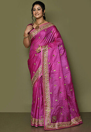 Pure Silk Embroidered Saree in Magenta