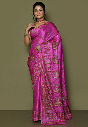 Pure Silk Embroidered Saree in Magenta