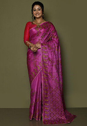 Pure Silk Embroidered Saree in Magenta