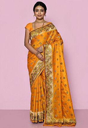 Pure Silk Embroidered Saree in Mustard