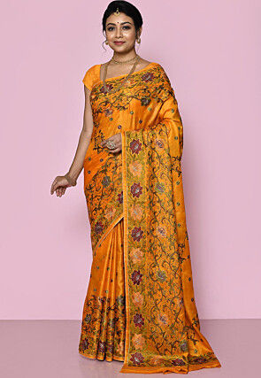 Pure Silk Embroidered Saree in Mustard