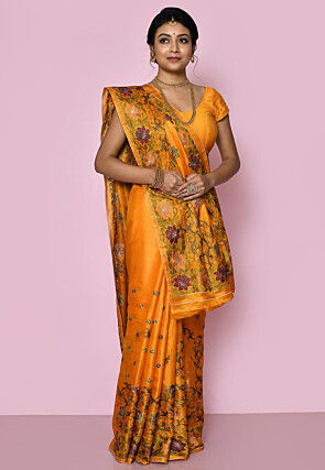 Pure Silk Embroidered Saree in Mustard