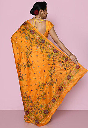 Pure Silk Embroidered Saree in Mustard